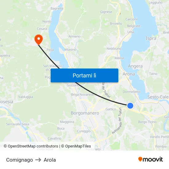 Comignago to Arola map