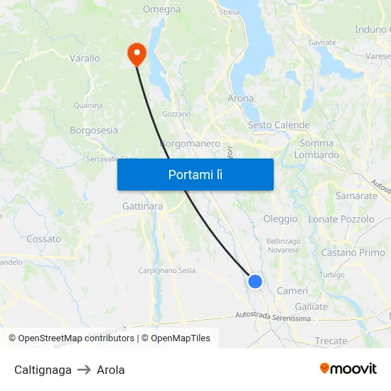 Caltignaga to Arola map