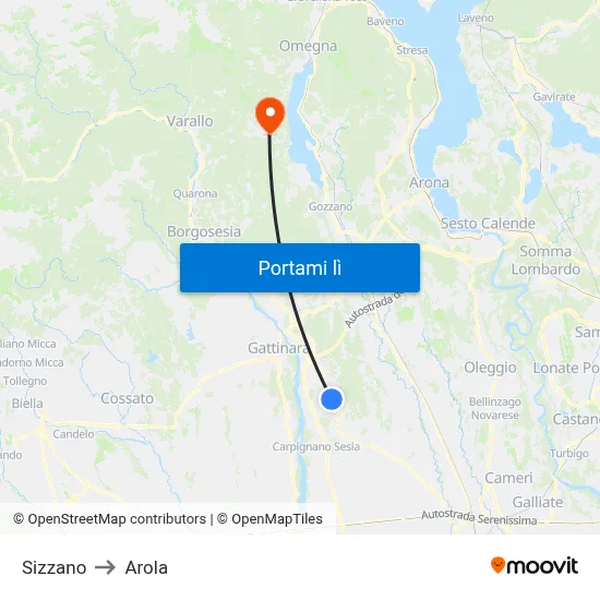 Sizzano to Arola map