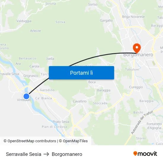 Serravalle Sesia to Borgomanero map