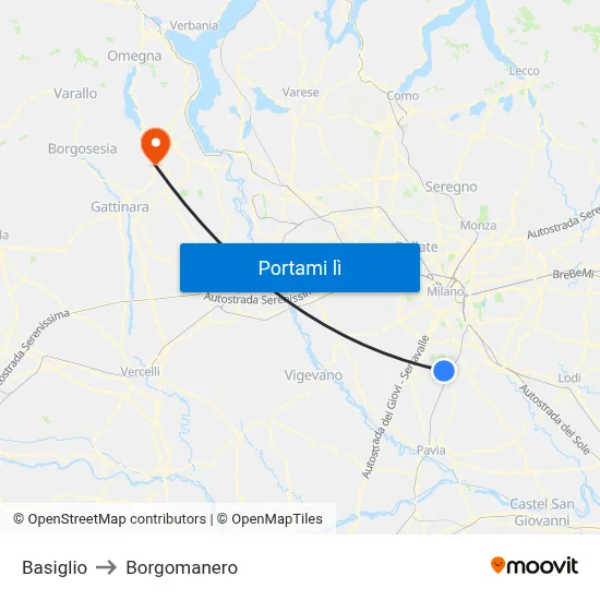 Basiglio to Borgomanero map