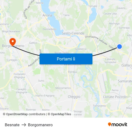 Besnate to Borgomanero map