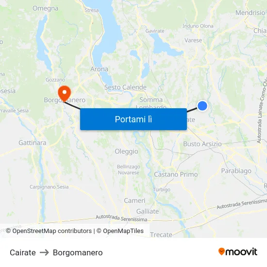 Cairate to Borgomanero map