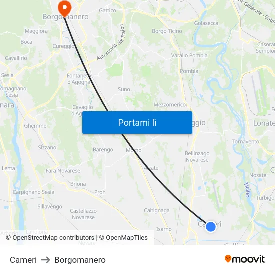 Cameri to Borgomanero map