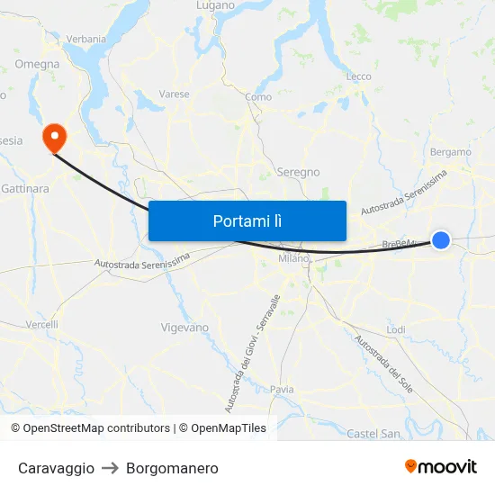 Caravaggio to Borgomanero map