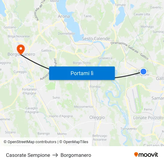 Casorate Sempione to Borgomanero map