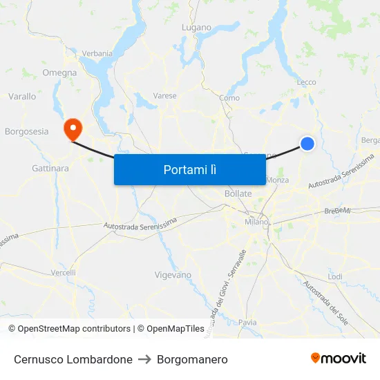 Cernusco Lombardone to Borgomanero map