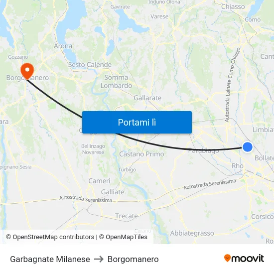 Garbagnate Milanese to Borgomanero map