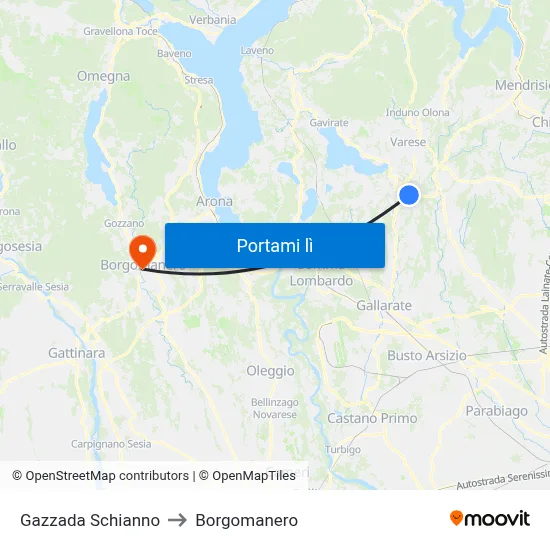 Gazzada Schianno to Borgomanero map