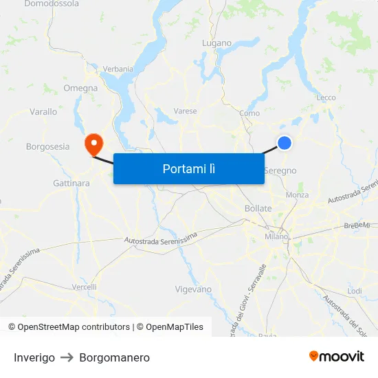 Inverigo to Borgomanero map