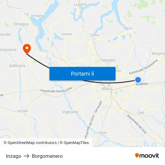 Inzago to Borgomanero map