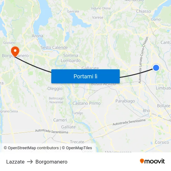 Lazzate to Borgomanero map