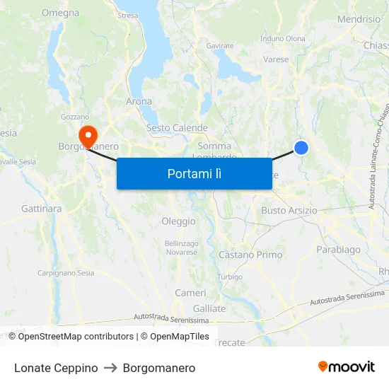 Lonate Ceppino to Borgomanero map