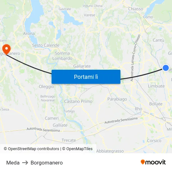 Meda to Borgomanero map