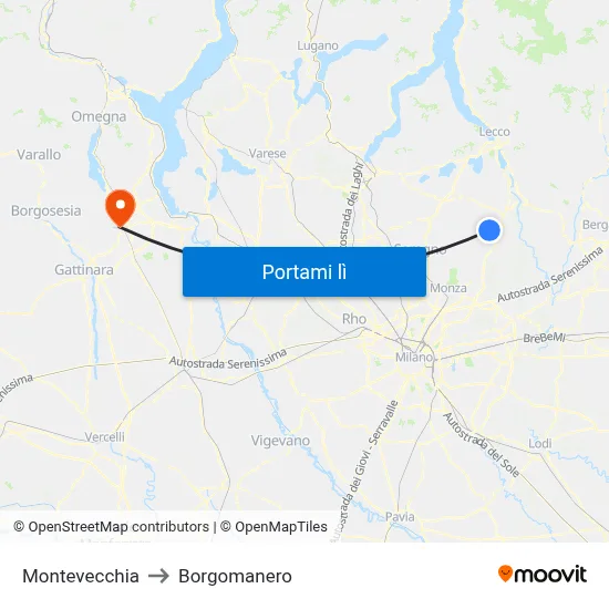 Montevecchia to Borgomanero map