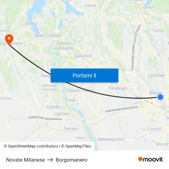 Novate Milanese to Borgomanero map