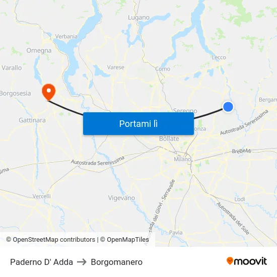 Paderno D' Adda to Borgomanero map