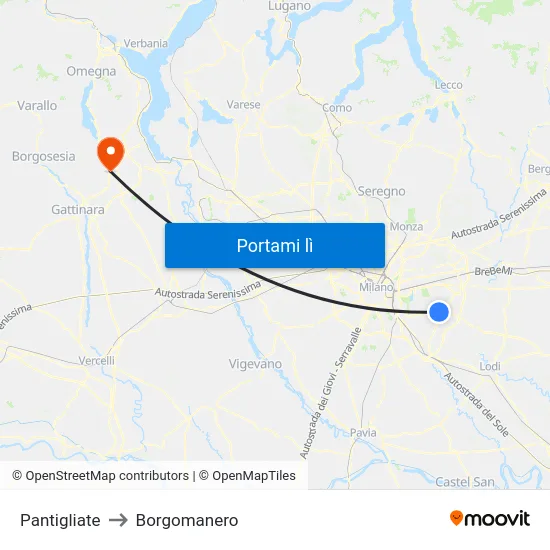 Pantigliate to Borgomanero map