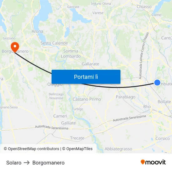 Solaro to Borgomanero map