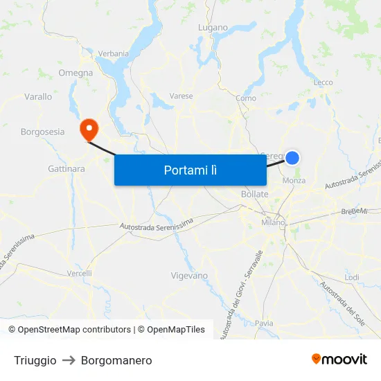 Triuggio to Borgomanero map