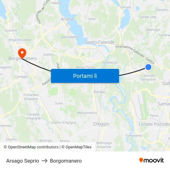 Arsago Seprio to Borgomanero map
