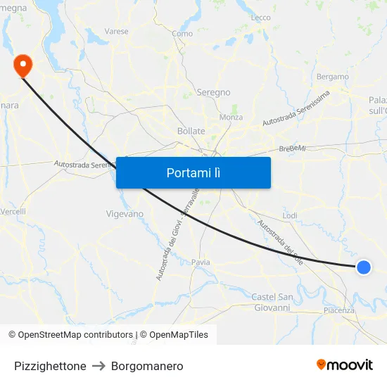 Pizzighettone to Borgomanero map