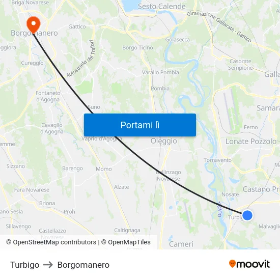 Turbigo to Borgomanero map