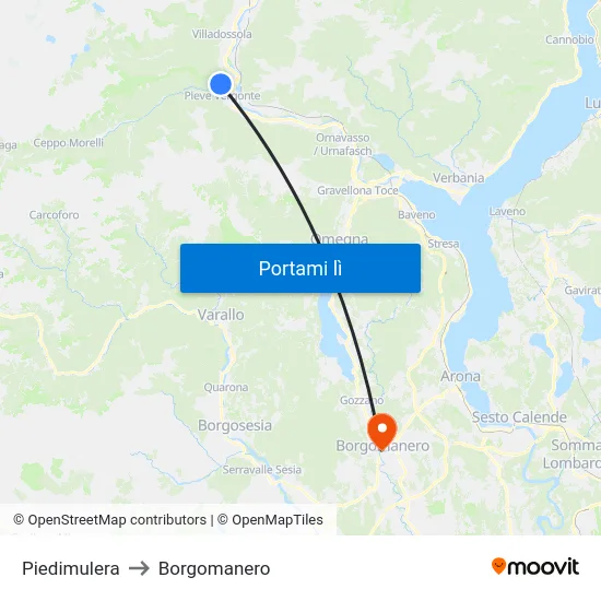 Piedimulera to Borgomanero map
