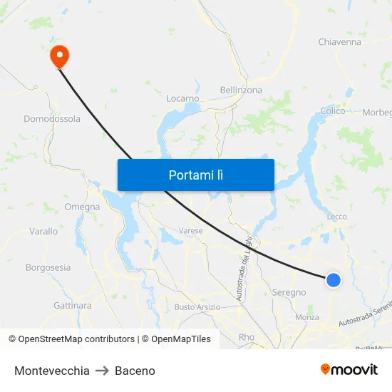 Montevecchia to Baceno map