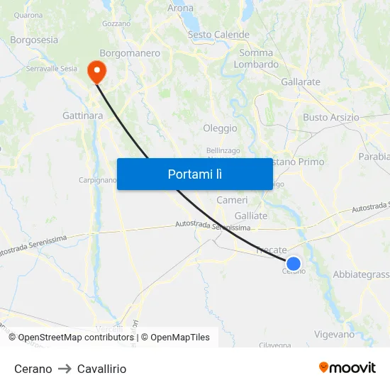 Cerano to Cavallirio map