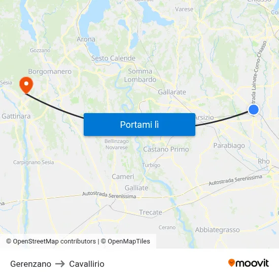 Gerenzano to Cavallirio map