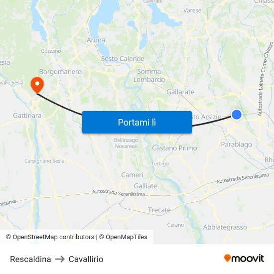 Rescaldina to Cavallirio map