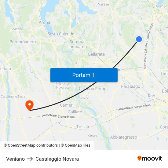 Veniano to Casaleggio Novara map