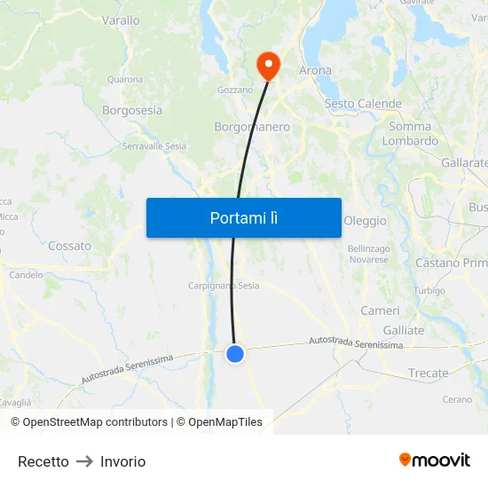 Recetto to Invorio map