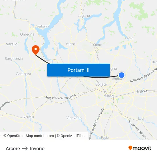 Arcore to Invorio map