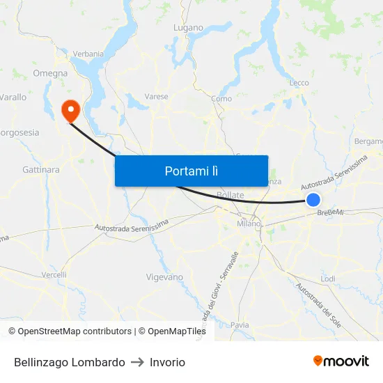 Bellinzago Lombardo to Invorio map