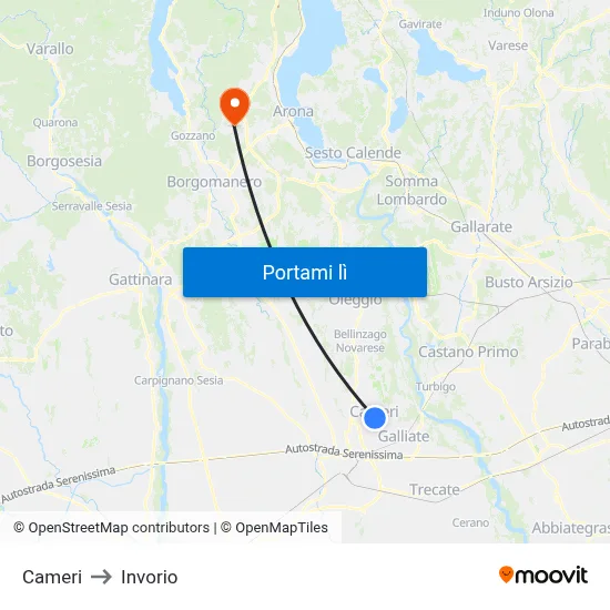 Cameri to Invorio map