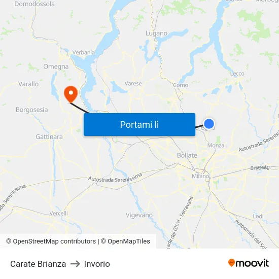 Carate Brianza to Invorio map