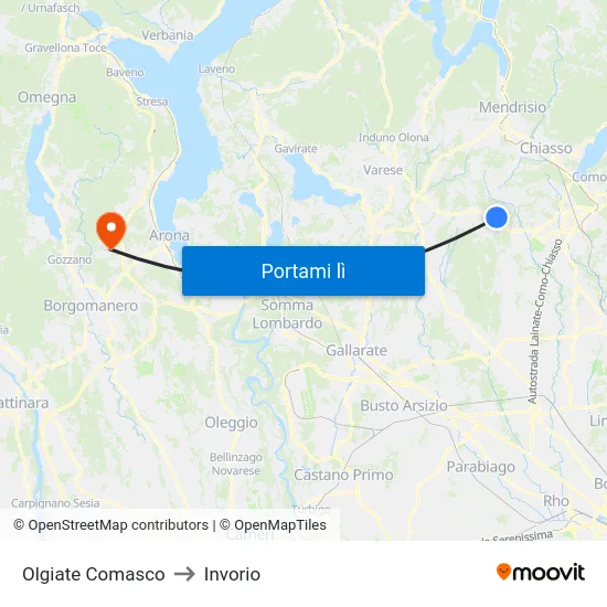 Olgiate Comasco to Invorio map