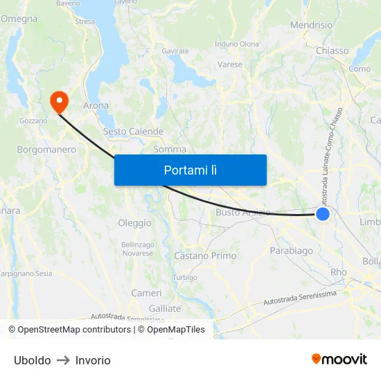 Uboldo to Invorio map