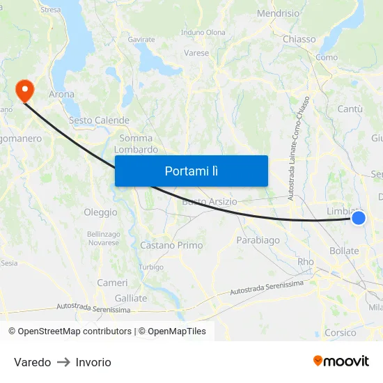 Varedo to Invorio map