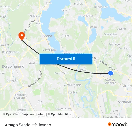 Arsago Seprio to Invorio map