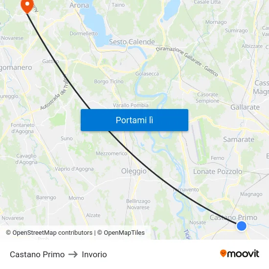 Castano Primo to Invorio map