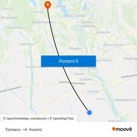 Tornaco to Invorio map