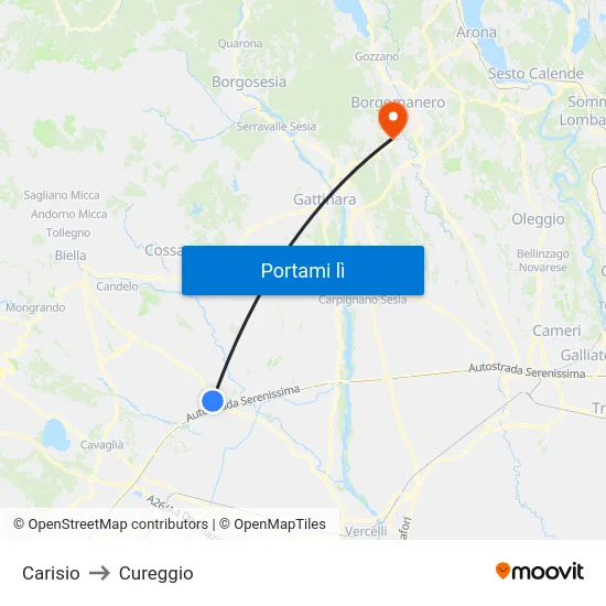 Carisio to Cureggio map