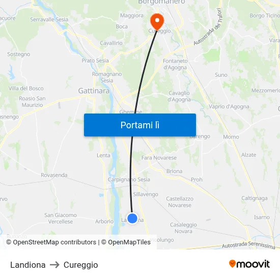 Landiona to Cureggio map