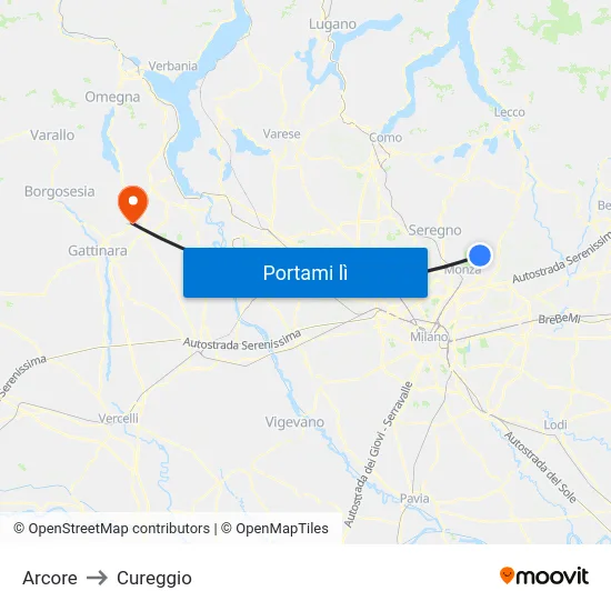 Arcore to Cureggio map