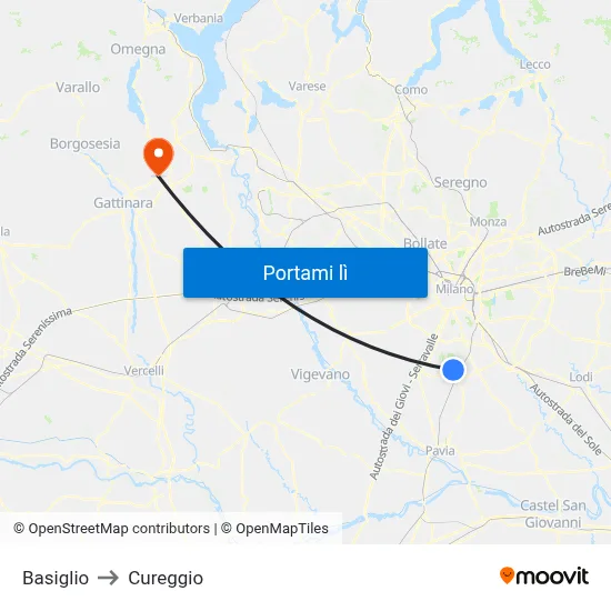 Basiglio to Cureggio map