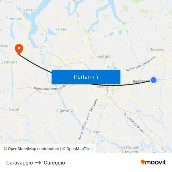 Caravaggio to Cureggio map