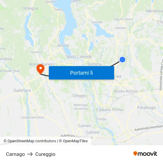 Carnago to Cureggio map